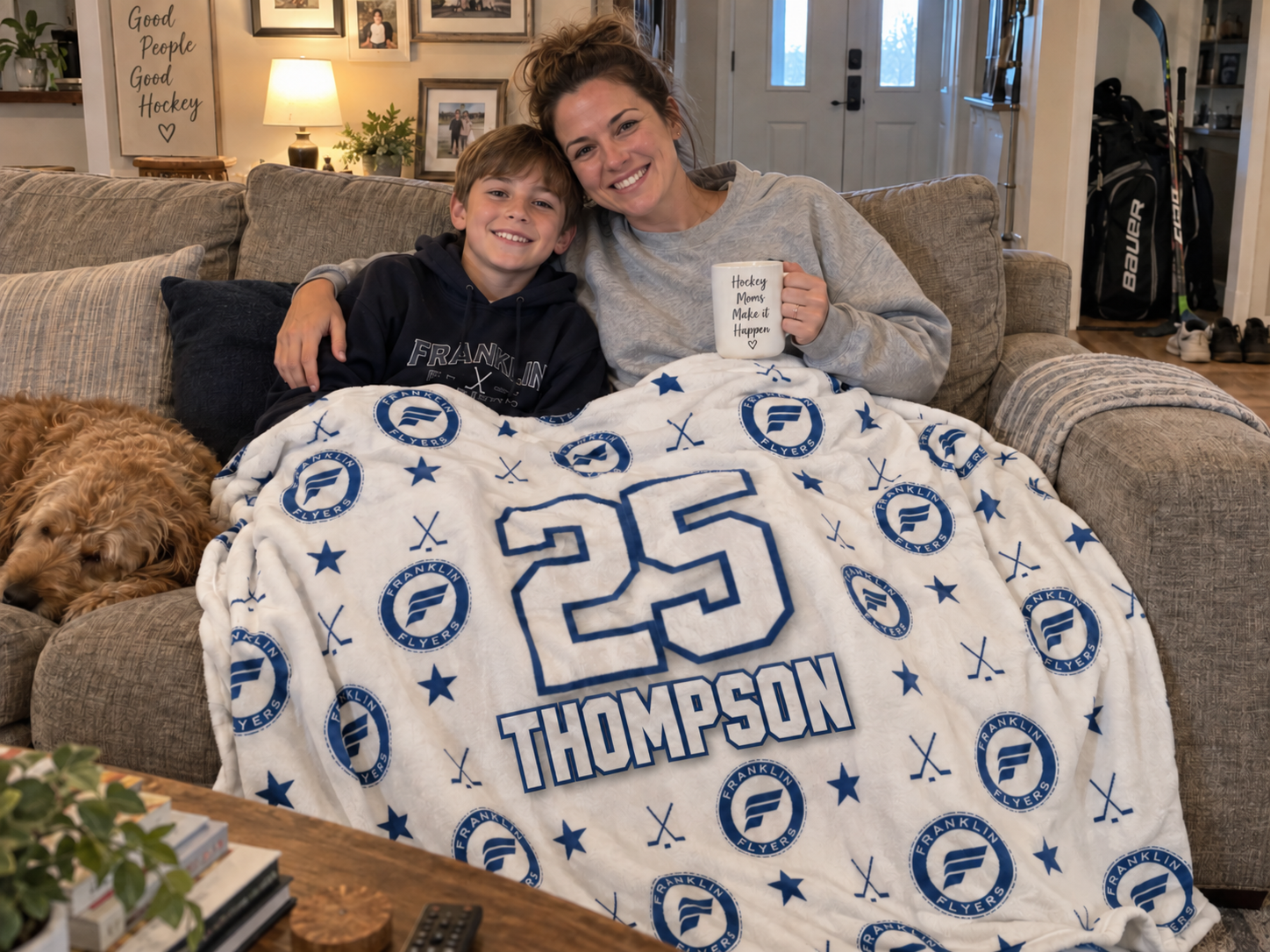 Custom team blanket at home