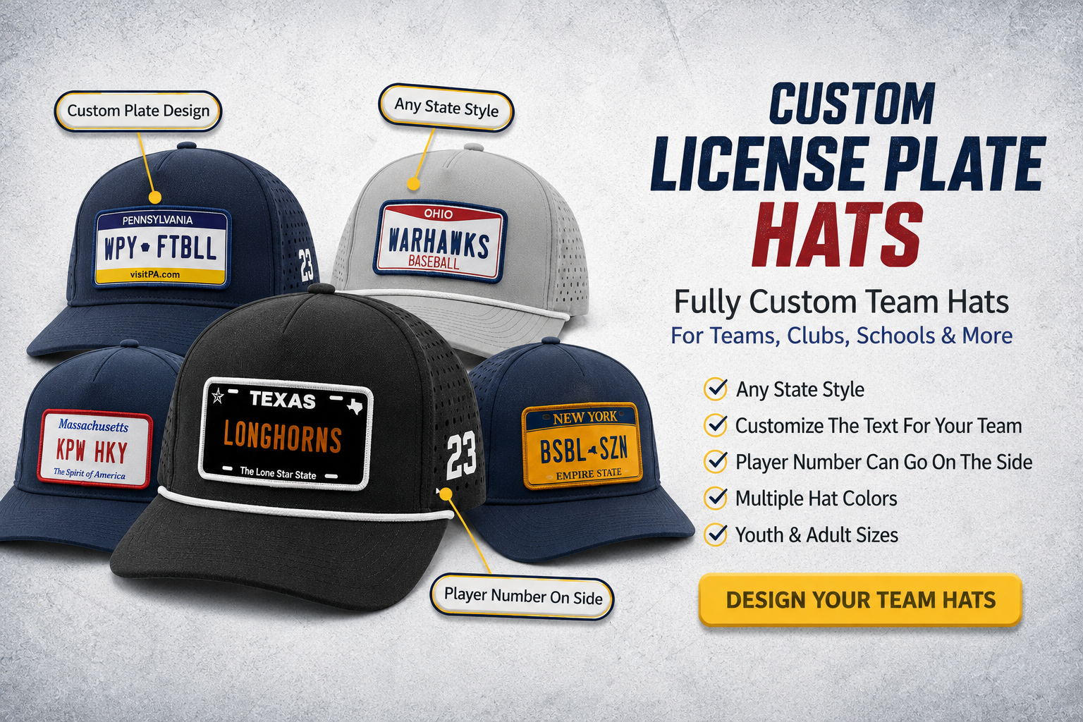 Custom License Plate Hats - Fully Custom for Teams, Clubs, Schools & More