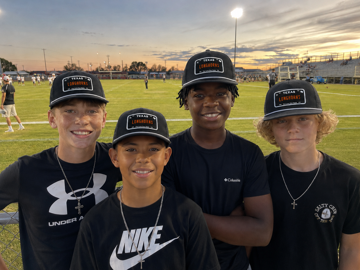 Team wearing custom license plate hats
