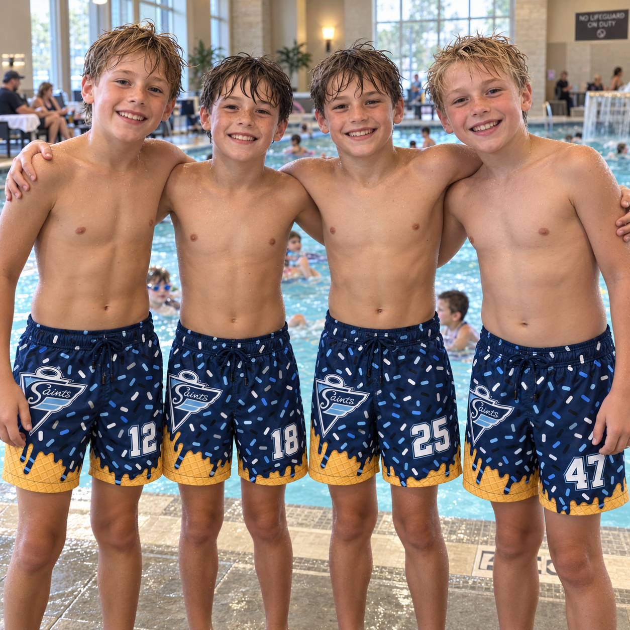 Hockey team kids at hotel pool in matching custom swim trunks