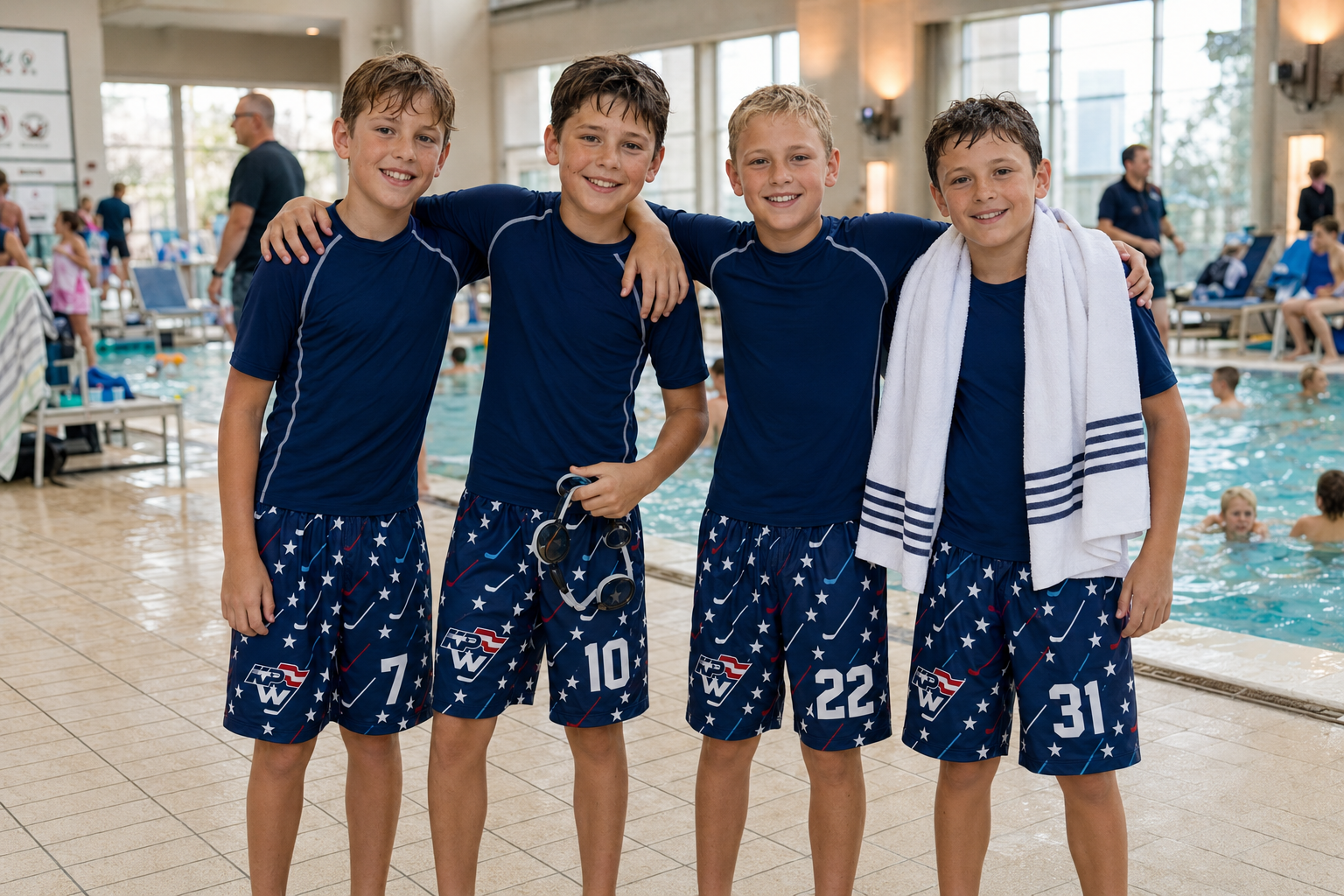 Team at indoor pool in matching custom swim trunks